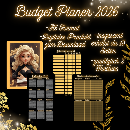 Budget Planer 2026 Schwarz, Gold -Digital