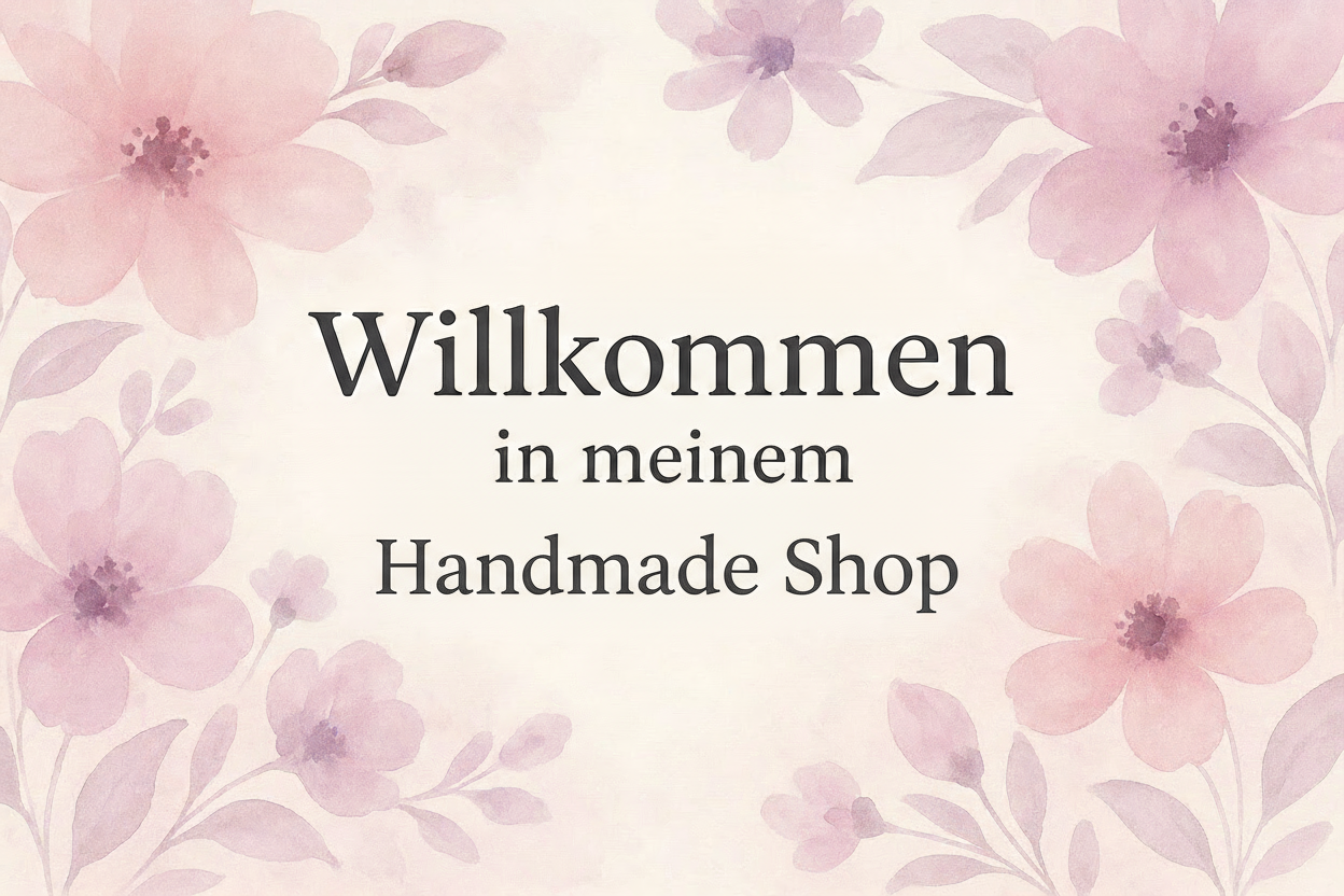 als Text soll drin stehen Willkommen in meinem Handmade Online Shop, Hintergrund sollen Aquarell Blumen sichtbar sein Schlichtes Design in den Farben Rosa,lila